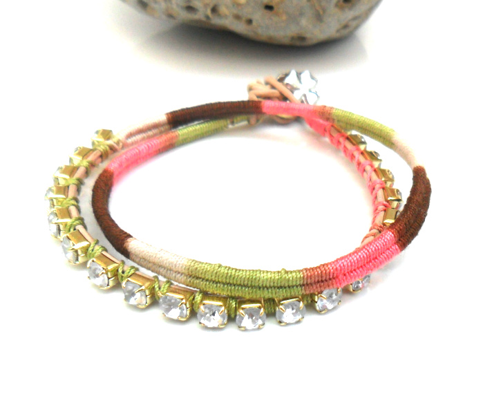 Friendship bracelet, rhinestone chain bracelet, double strand, cotton woven, boho chic fashion earth tones spring 2012 trendy under 30