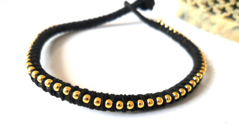 Black friendship bracelet, ball chain gold Black bracelet trendy Metallic fashion Bracelet stack