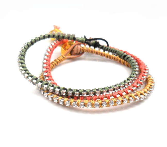 Rhinestone Friendship Bracelet Natural leather silk woven stacking gold skull Metallic fashion boho spring butternut for her under 20