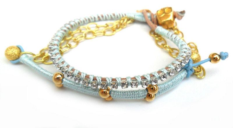 Friendship Bracelets leather skull rhinestone crystal chain silk braid stackables - Metallic fashion set of two spring 2012 for her under 35