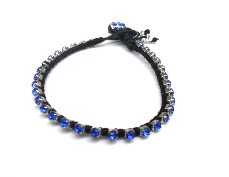Friendship bracelet leather royal blue rhinestone chain silk woven stackables Trendy fashion punk rock spring 2012 for her under 20