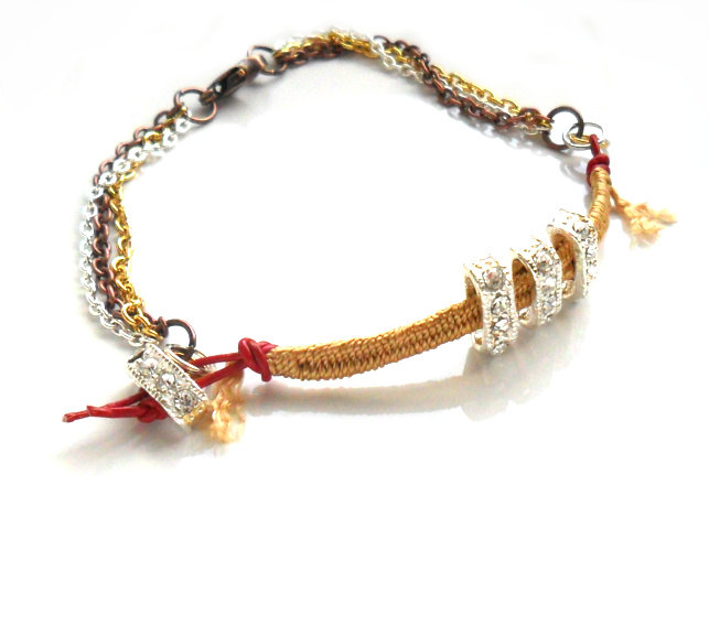Silk braided bracelet, mix metal chain, red leather, rhinestone crystal, Metallic trendy Mother's day gift for her under 25