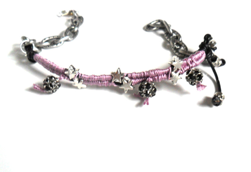 Friendship bracelet silk braid gunmetal chain leather silver rhinestone beads punk rock Metallic fashion trendy gift for her under 20