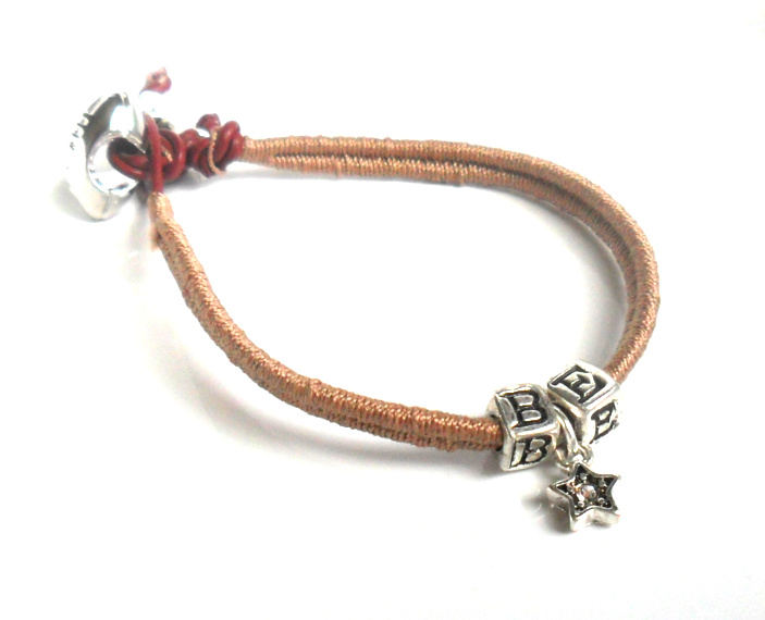 Friendship Bracelet, Leather, Woven in mocha cotton thread, Sterling Silver letters, Swarovski crystal star charm, Football Fan BE A STAR