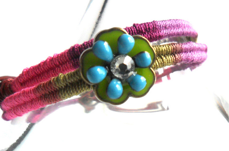 Friendship Bracelet, Leather Woven in multicolored cotton, Enamel crystal Flower, Vineyard summer, 2012 trendy for her under 20
