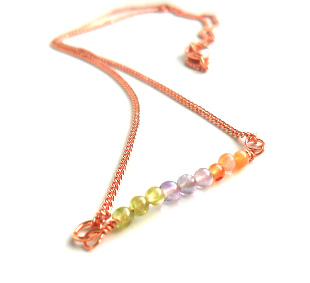 Simple Delicate Copper necklace, gemstone bar Peridot, Amethyst,Carnelian beads Everyday jewelry, metallic Minimalist Copper jewelry