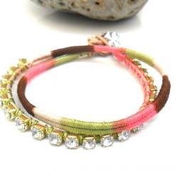 Friendship bracelet, rhinestone chain bracelet, double strand, cotton woven, boho chic fashion earth tones spring 2012 trendy under 30
