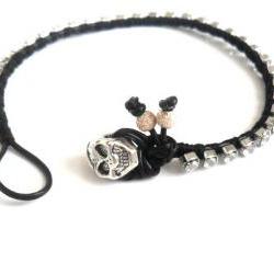 Friendship bracelet leather rhinestone crystal chain silk woven stackables Trendy fashion Black silver skull spring 2012 for her under 20