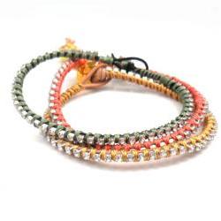 Rhinestone Friendship Bracelet Natural leather silk woven stacking gold skull Metallic fashion boho spring butternut for her under 20
