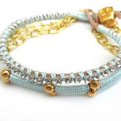 Friendship Bracelets leather skull rhinestone crystal chain silk braid stackables - Metallic fashion set of two spring 2012 for her under 35