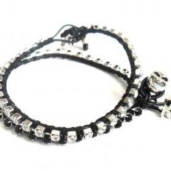 Friendship bracelet leather black rhinestone chain silk woven stackables Trendy fashion Black silver skull spring 2012 for her under 20