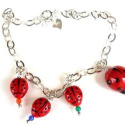 Lady bug charm Bracelet Sterling Silver chain, ladybug Glass bump beads. Me and MyLadies. Mother's Day gift for her under 15 Spring 2012