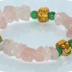 Bracelet Rose quartz Kelly green Jade happy gold skulls bracelet. Elastic bracelet Day of the dead gift Under 10 for her