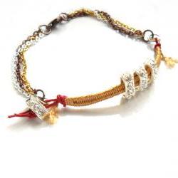 Silk braided bracelet, mix metal chain, red leather, rhinestone crystal, Metallic trendy Mother's day gift for her under 25
