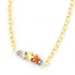 Simple everyday necklace, silver, copper, gold stars, smoky crystal beads, gold plated chain. Gift for her under 15