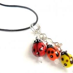 Ladybug pendant necklace, black leather, moonstone Glass bump beads - Me and MyLadies - Mother's Day gift for her under 15