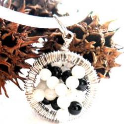 Onyx moonstone pendant, sterling silver wire wrapped, Yin & Yang, 