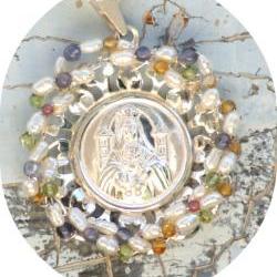 Pendant Medallion Sterling Silver Pearls multi stones blue quartz, citrine, peridot, amethyst Our Lady Catholic gift for her under 80