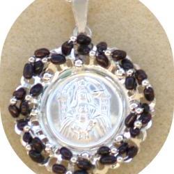 Pendant Medallion wire wrapped black pearls sterling silver beads - Our Lady Coromoto - Statement Pendant Catholic gift for her under 60