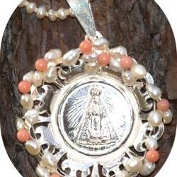 Pendant / Medallion Sterling Silver Coral Pearls. Sterling silver Lady of the Valley Catholic Communion gift for her under 60