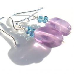 Sterling Silver fishhook Earrings Amethyst Aquamarine crystal Dangle earrings Mother's Day Easter gift for her under 15