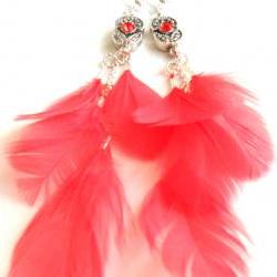 Feather Earrings Sterling Silver swarovski crystal Coral reef feather dangle High Fashion Trendy coral reef Gift for her under 25