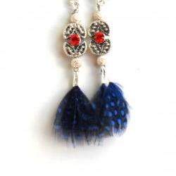 Feather Earrings Sterling Silver swarovski crystal Royal blue feather dangle High Fashion Trendy coral reef Gift for her under 20
