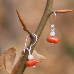 Dangle earrings sterling silver red coral moonstone Valentine's gift for her under 10 fashion