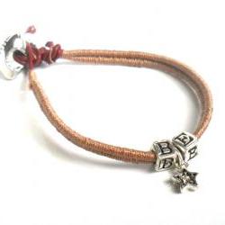 Friendship Bracelet, Leather, Woven in mocha cotton thread, Sterling Silver letters, Swarovski crystal star charm, Football Fan BE A STAR