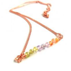 Simple Delicate Copper necklace, gemstone bar Peridot, Amethyst,Carnelian beads Everyday jewelry, metallic Minimalist Copper jewelry